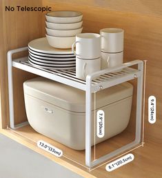 a shelf with plates and cups on it