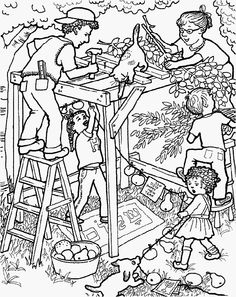 a black and white drawing of people at a picnic table with their dog in the background