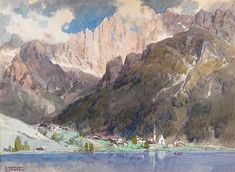 a watercolor painting of mountains with houses in the foreground and a body of water below