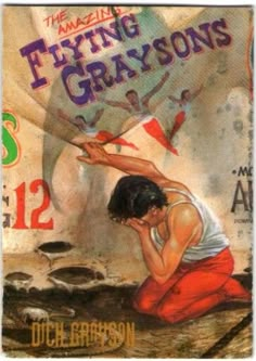 a drawing of a woman kneeling down in front of a sign that says flying graysons