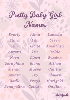 a baby girl name list with flowers and leaves on pink background, including names for each child