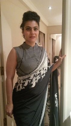 # Black Sarees  Check out Kajol in #saree White Sari, Blouse Designs High Neck, Cotton Blouse Design, Blouse Designs Catalogue, Saree Blouse Neck Designs, Sari Blouse Designs, Blouse Designs Indian, Blouse Designs Silk, Salwar Kamiz