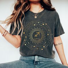 Show off your zodiac sign in style with this unique Zodiac Sagittarius Sign Comfort Colors T Shirt! With its pretty graphic space theme, zodiac symbol print, this is the perfect zodiac gift for the Sagittarius in your life. With a comfortable fit and subtle yet stunning look, this comfortable oversized shirt is sure to make the perfect statement piece. Stand out and make a statement with this astrological piece! ♐T-SHIRT DETAILS Comfort Colors introduces its garment-dyed t-shirt; a fully customizable tee made 100% with ring-spun cotton. The soft-washed, garment-dyed fabric brings extra coziness to your wardrobe while the relaxed fit makes it an excellent daily choice. The double-needle stitching throughout the tee makes it highly durable while the lack of side-seams helps the shirt retain Saggitarius Birthday Shirts, Sagittarius T Shirt Ideas, Zodiac T Shirts, Zodiac Tshirt, Sagittarius Tee Shirts, Moon Phases Shirt, Aquarius Gifts, February Birthday Gifts, Boho Moon