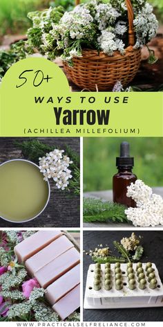 various pictures with flowers and soaps in them, including the words 50 ways to use yartrow