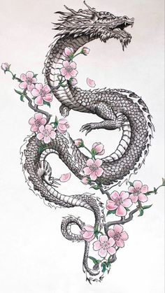 a drawing of a dragon with pink flowers on it's body and head in the shape of a snake