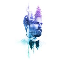 a man wearing a bow tie and trees in his hair is reflected in the image