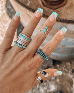 Western Sns Nails, Cute Gel Polish Nail Ideas, Parker Mccollum Nails, Acrylic Nail Designs Turquoise, Pretty Blue Nail Designs, Coffin Western Nails, Dip Powder Nails Western, Jason Aldean Concert Nails, Nail Ideas Western Simple