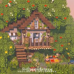 a painting of a house in the middle of some trees with flowers on it's roof