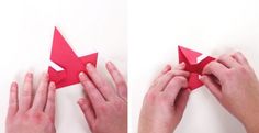 two pictures of hands folding an origami star into smaller pieces, one is red and the other is white