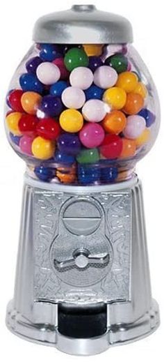 an old fashioned gummy machine with lots of colorful candy balls in it's top