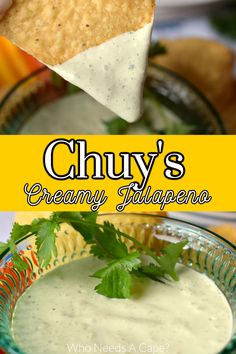 guacamole and tortilla chips with the title chuy's creamy mexican dippers