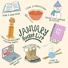 an image of the january bucket list with things to do in it and some books