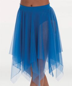 a woman is wearing a blue skirt with sheer tulle on the bottom and side