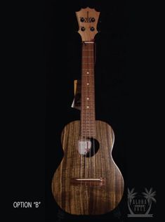 the ukulele is made out of wood and has an unusual neck design on it