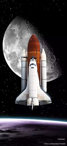 an image of a space shuttle in the sky above the earth with moon behind it