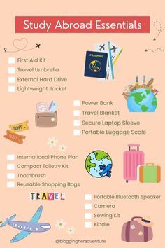 an info sheet with travel related items and the words study aboard essentials on it