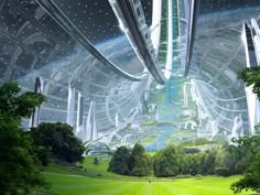 a futuristic city surrounded by trees and green grass in the middle of a forest area