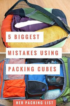 there are five bags that have been packed and the words, 5 biggest misstakes using packing cubes