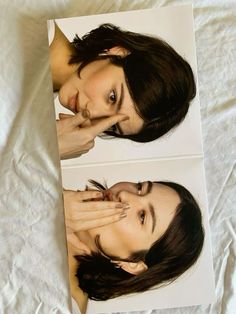 two photos of a woman laying on top of a white bed next to each other