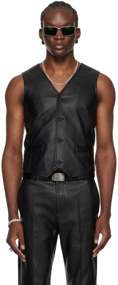 Grained nappa lambskin vest. · V-neck · Button closure · Welt pockets · Full twill lining Available exclusively at SSENSE. Supplier color: Black Mens Vest Coat, Leather Vest Outfit, Mens Black Vest, Men Styling, Mens Vest Fashion, Outfit References, Leather Waistcoat, Black Leather Vest, Black Leather Top