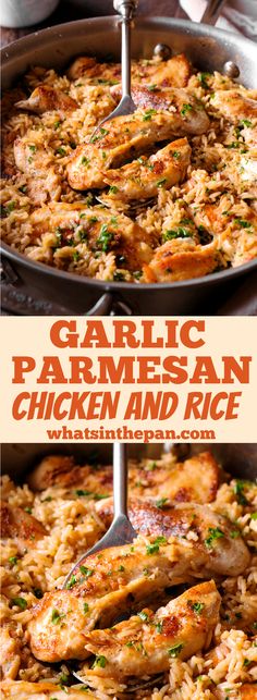 garlic parmesan chicken and rice in a skillet with the words garlic parmesan chicken and rice