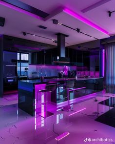 the kitchen is lit up with purple lighting