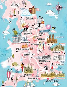 an illustrated map of england with all the major cities