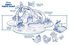 the concept art for pooh's pirate island is shown in blue ink on white paper