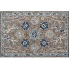 an area rug with blue and gray flowers on the center, in front of a white background