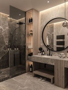 a modern bathroom with marble walls and flooring