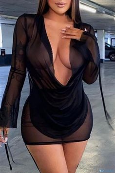 OrcaJump - Elegant White Sheer V Neck Long Sleeve Dresses for a Sophisticated Look Dress Outfit Baddie, Mesh Dress Outfit, Sexiest Dresses, Long Sleeve Mesh Dress, Sheer Cover Up, Sheer Mesh Dress, Swimsuit Cover Up Dress, Beach Mini Dress, Long Sleeve Dresses