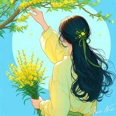 a woman sitting under a tree with yellow flowers in her hair and looking up at the sky