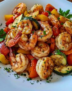 a white plate topped with shrimp and veggies