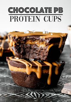 chocolate pb protein cups stacked on top of each other with caramel drizzle