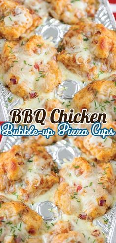 bbq chicken bubble - up pizza cups with cheese and bacon are ready to be eaten