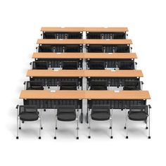 several rows of desks with chairs in the middle and one row on each side