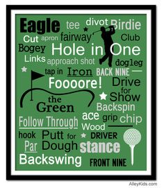 a green poster with the words eagle, golf and other sports related items on it