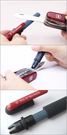 four different views of scissors being used to sharpen and cut up paper with sharpies