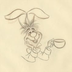 a drawing of a bunny holding a coffee cup