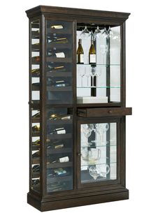 a glass door cabinet with wine bottles and glasses in the bottom shelf, on an isolated white background