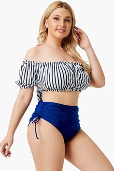 The Bardot Neckline With Puffed Sleeves Two Piece Plus Size Swimsuit is all you need to get through summer in style! Our plus size swimwear from Curvy Waves offer comfort and style combining with sexy prints and curve-hugging fit. With bold patterns that shout "summer's here" and sizes that go up to a 6XL, there's nowhere else to go bikini shopping for! Instantly lengthen the look of your legs with the high-cut hemline! Our bikinis are designed to make sure they fit you right. And by right, we m Swimsuits Women, Plus Size Swimsuit, Bardot Neckline, Plus Size Two Piece, Two Piece Swimwear, Swimsuits High Waisted, Blue Swimsuit, Plus Size Swimsuits, Looks Chic