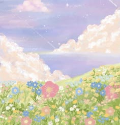 a painting of flowers and clouds in the sky