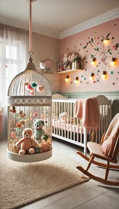 a baby's room with a birdcage and stuffed animals