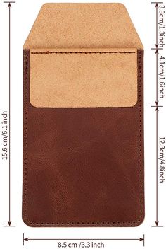 a brown leather card case with a tan pocket on the front and bottom, measurements