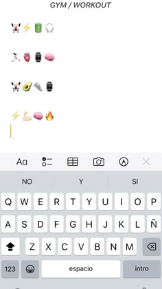 an iphone keyboard with the words gym / workout on it's left hand side