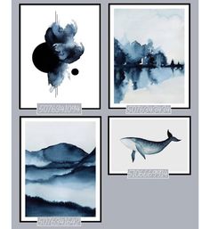 four different paintings with watercolors on them, each one is blue and the other has