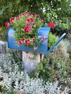 a blue mailbox with red flowers in it