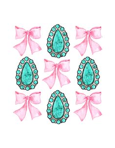 six pieces of pink and turquoise jewelry with bows