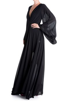 Dreamy bell sleeves bring an ethereal energy to this vibrant V-neck maxi dress. 35" length (size Small) V-neck Long sleeves Slips on over head Lined 96% polyester, 4% spandex Dry clean only Imported Model stats: 5'10" height, 32" bust, 25" waist, 36" hip. Model is wearing size Small. Runway Gowns, Jet Black Color, Black Dress With Sleeves, Lace Maxi, Sheer Chiffon, Long Sleeve Maxi, Bell Sleeve Dress, Flowy Dress, Black Maxi Dress