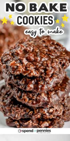 chocolate no bake cookies stacked on top of each other with the title above it